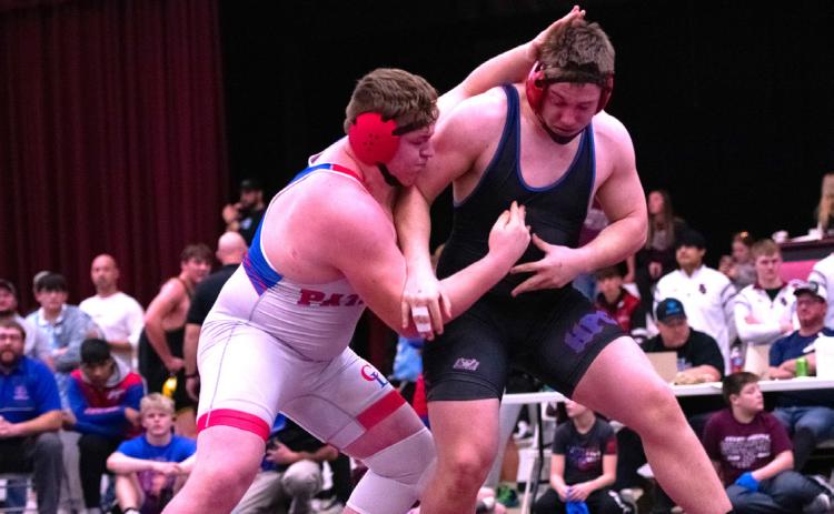 Caleb Sharman wrestles Levi Gall (Clarkson-Leigh). Sharman placed second. PCN photo by Melissa Aaberg.