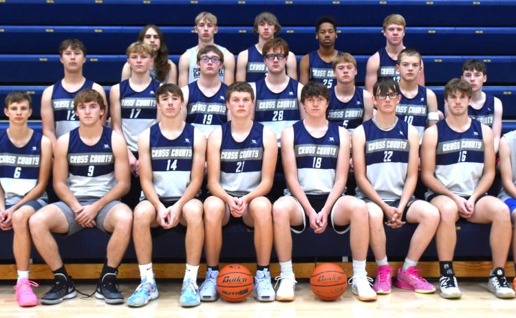 2024-25 Cross County boys basketball team: (front) Talon Carter, Carson Schaefer, Thatcher Hanson, Brock Allen, Wyatt Hengelfelt, Kole Crawford, Langdon Arbuck and James Keilig; (second) Gabe Nuttelman, Colter Larson, Jacob Smith, Cannen Mooney, Sawyer Anderson, Benson Seim and Ayden Larson; (third) Bradley Lott, Eli Greenwall, Gunner David, Ben Cooper and Devin Lonsdale. Not pictured: Landon Church. PCN photo by Beth Sparrow.