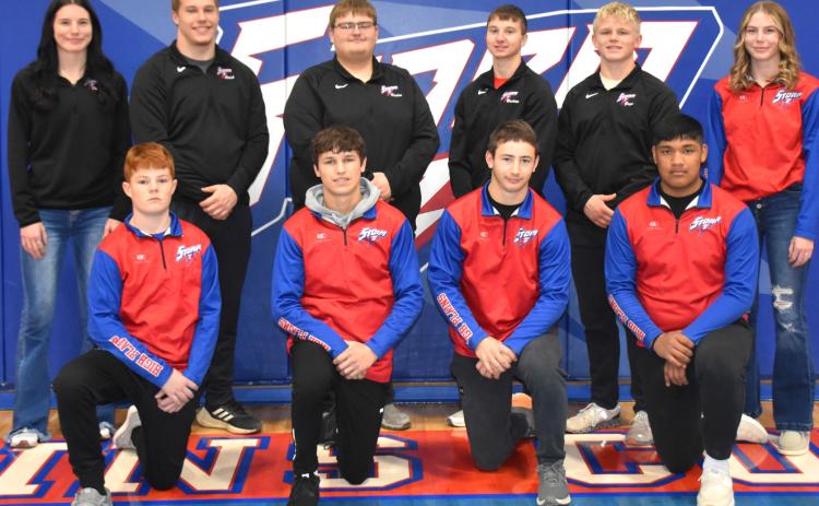 2024-25 HPC Wrestling: (front) Makayo Confer, Levi Russell, Aaron Brown and Neddy Lesiak; (back) Dakota Gress, Caleb Sharman, Kaden Rieken, Hudson Urkoski, Gage Friesen and Bailey Gress. PCN photo by Beth Sparrow.