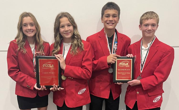 Ella Cramer and Ava Pruter (left) took first place (national champions) in the Professional Presentation STAR event. Derek Georges and Cooper DeWitt (right) were national runner up in Digital Stories for Change. Photos provided by FCCLA.
