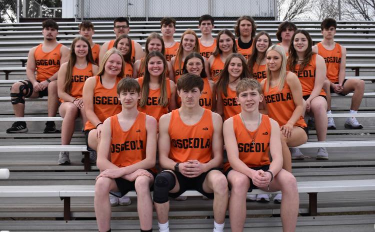 2024 Osceola track team: front left to right: Jake Wieseman, Nolan Arps and Jack Wallace; second row Janna Roberts, Addison Theis, Ella Lemburg, Blaire Sanley, Alexis Burritt; third row Savanna Boden, Charisa Boden, Melinn Roberts, Eastyn Kropatsch, Graci Conkling, Camryn Peterson and Bella Recker; back row Bransen Lavaley, Kelby Neujahr, Brenden Gabel, Braylon Peterson, Hayden Lavaley, Koleton Udey, Cooper Yungdahl and Jackson Winslow. PCN photo by Cienna Friesen.
