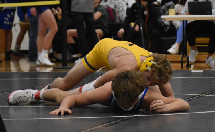 Carter Eickmeier wrestles at the SRC invite earlier this season. He placed fifth at David City. PCN file photo by Beth Sparrow.