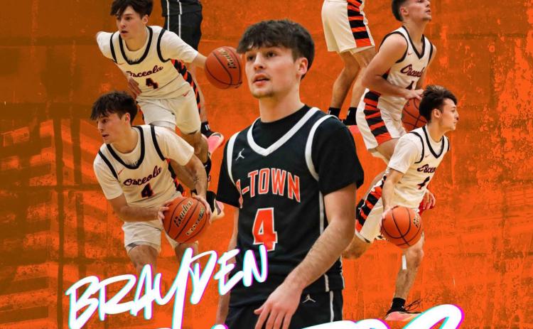 Above: Brayden Santos, Osceola senior, broke the record for most 3-point shots made in his career on Saturday. He hit 5 on Saturday to make his total 150, which is the new record. The record was held by Isaiah Zelasney. Graphic provided by Osceola Schools.