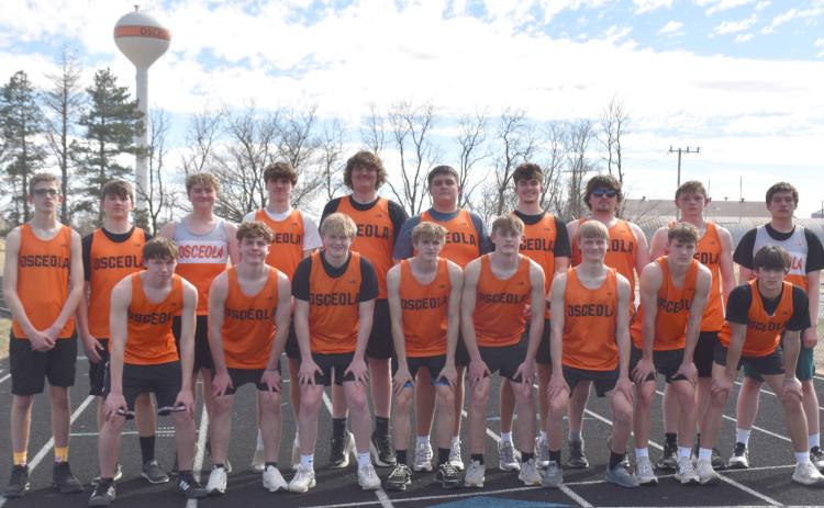 Members of the Osceola boys track and field team include; (front from left)- Calvin Alexander, Jaxon Lassek, Rylon Brandenburger, Josh Sandman, Jarrett Althouse, Hunter Baumert, Brycen Kula, Milo Gehring. Back row- Billy Carnes, Ami Houchin, Kamdyn Udey, Landan Drozd, Koleton Udey, Landon Winslow, Jackson Winslow, Cooper Yungdahl, Kolton Barr, Liam Olson. PCN photo by Beth Sparrow. Not pictured- Max Fritton