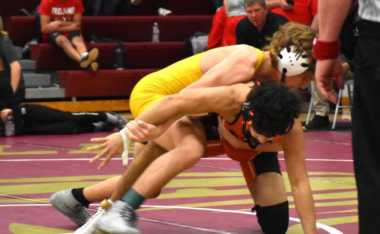 Carter Eickmeier wrestles an opponent at conference. Eickmeier placed sixth at Fairbury. PCN photo by Beth Sparrow.