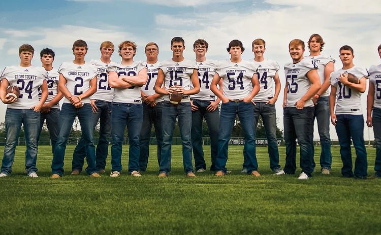 Cross County returns 15 senior football players. Pictured are (left to right) Tyler Shoup, Andrew Dubas, Dalton Noble, Lucas Jacobsen, Noah Sandell, Izaac Dickey, Cooper Sundberg, Brayden Schmidtberger, Dane Holtzen, Treven Nienhueser, Ashton Seim, Alex Noyd, Tanner Hollinger, Dylan Fanning and Rafe Peterson. Photo by Erin Dickey.