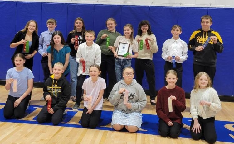 Shelby-RC Middle Schoolers display their ribbons and plaques won at the Speech Meet this past week in Genoa. Photo was provided