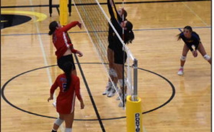 Rylee Ackerson hits a kill in the game against Shelby-Rising City. PCN photo by Beth Sparrow.