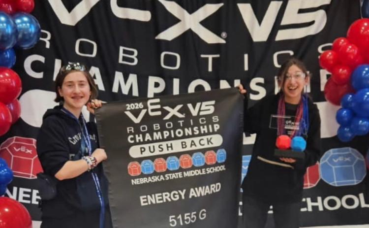 Cross County junior high robotics had state last Saturday. These girls received the Energy Award for outstanding enthusiasm and excitement. The announcer commented they were so much fun to watch and were the life of the party. Pictured are Molly Tandy (left) and Annilee Watts (right). Photo provided.