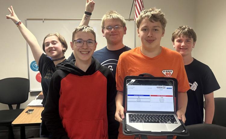 Cross County Junior High quiz bowl represented Nebraska in the National FCCLA LifeSmarts competition. It takes place online (virtually), where they advanced to the semifinals to face a team from Colorado. The finished second in nation. Pictured are (front) Samuel Jameson and Asher Greenwall, (back) Molly Tandy, Keegan Johnson and Landon Everingham. Photo provided.