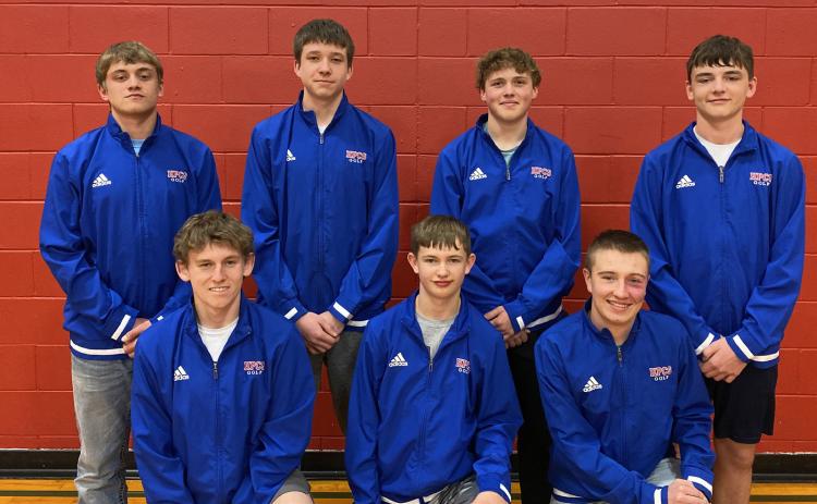 2024 HPC golf: Back row L-R: Ayden Hans, Maddix Fuhrman, Chase Owens, Kyler Hans; Front Row L-R: Carson Swedenburg, Jacob Lesiak, Cameron Reed. Missing Shane Cook and Kyler Hans. Photo provided.