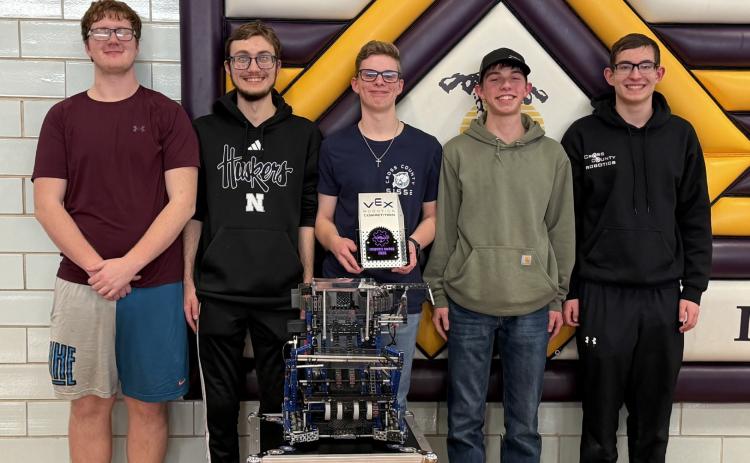 These five seniors have been in robotics since seventh grade, six years of robotics. They ended their regular season in Grand Island on Saturday. Pictured are Cannen Mooney, Kirk Sparrow, Sam Haug, Matthew Frazier and Colton Duncan. Photo by Heather Haug.